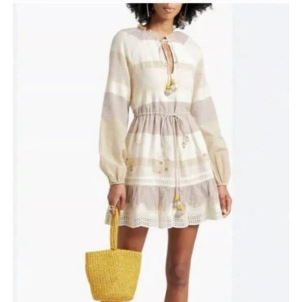 Hemant & Nandita Dress Womens M Ivory Mana Mini Boho Embroidered Metallic Eyelet